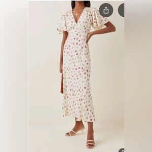 RIXO Red and White Puff Sleeve Midi Sundress